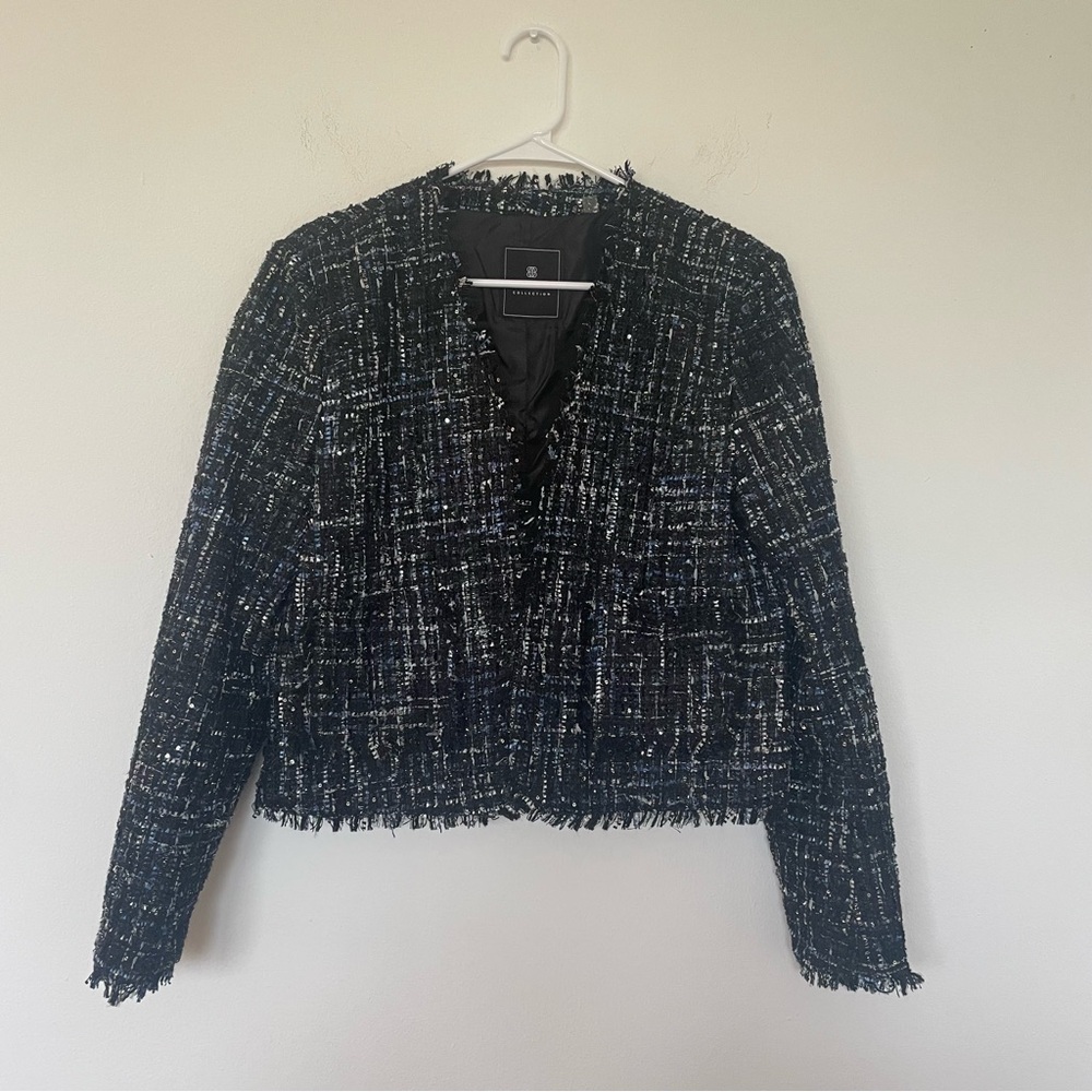 Bagatelle Tweed Sequin Women’s Open Jacket Black and Blue Size L
